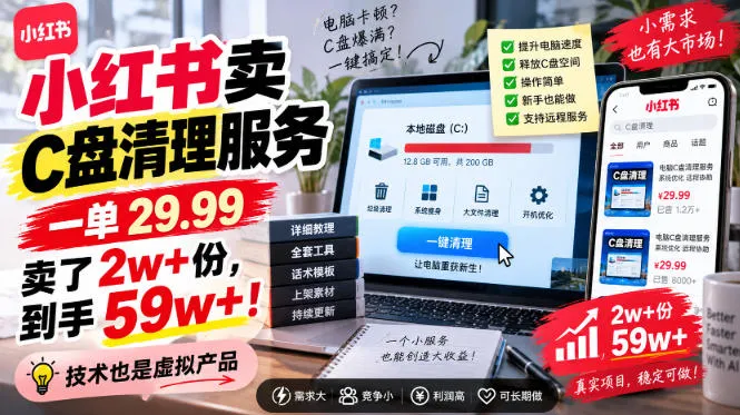 小红书卖C盘清理服务,一单29.99,卖了2w+份,技术也是虚拟产品-海豚优课资源库