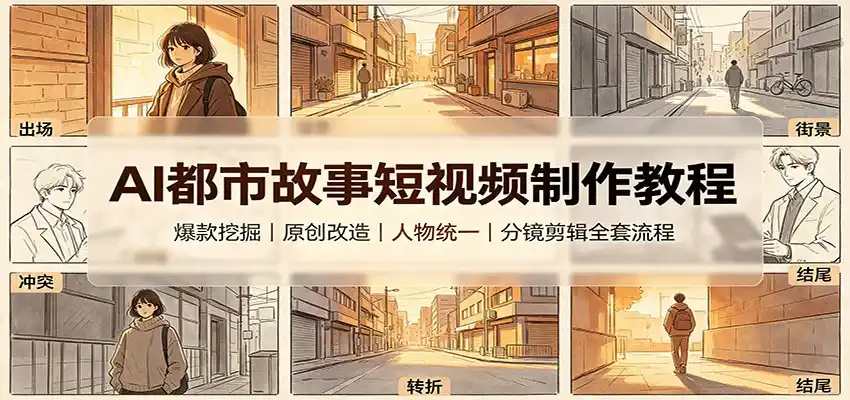 AI都市故事短视频制作教程:爆款挖掘原创改造,人物统一分镜剪辑全套流程-海豚优课资源库