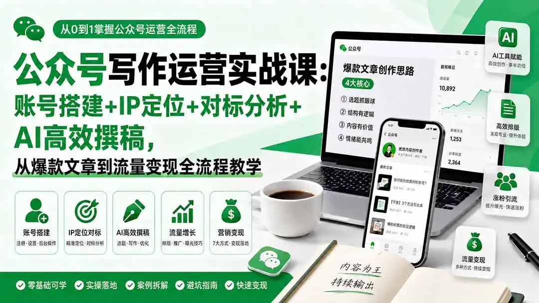 公众号写作运营实战课:账号搭建+IP定位+对标分析+AI高效撰稿,从爆款文章到流量变现全流程教学-海豚优课资源库