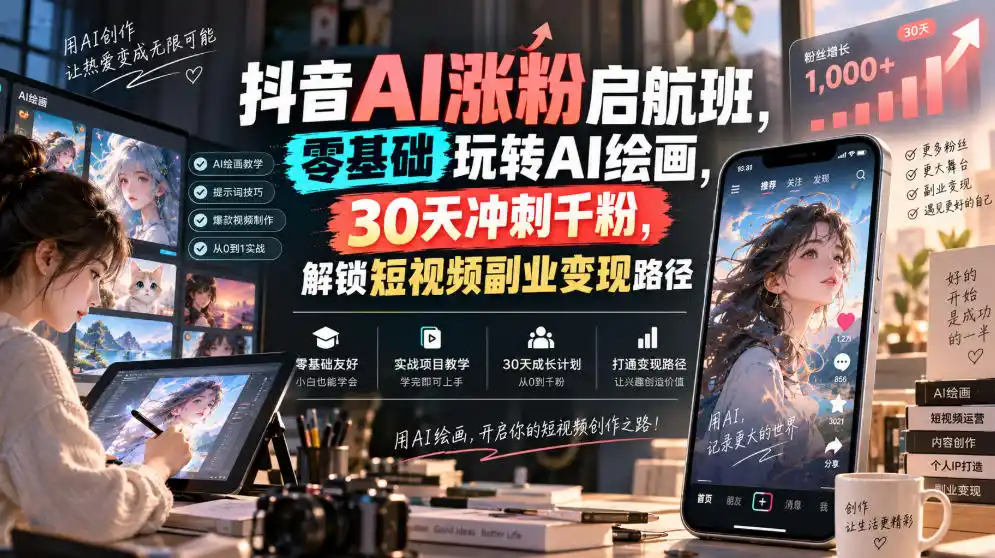 抖音AI涨粉启航班,零基础玩转AI绘画,30天冲刺千粉,解锁短视频副业变现路径-海豚优课资源库