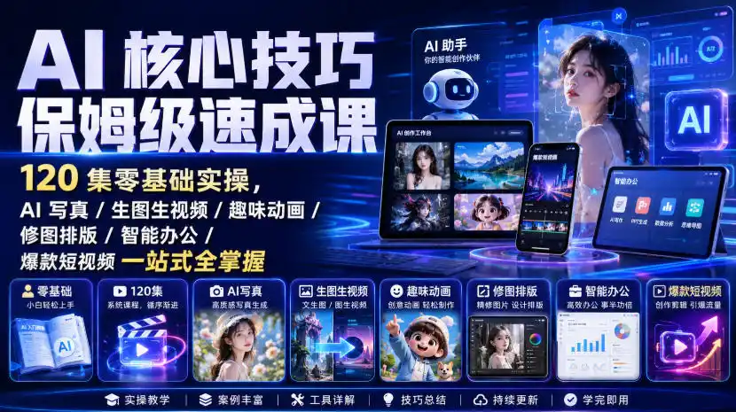 AI核心技巧保姆级速成课|120集零基础实操,AI写真/生图生视频/趣味动画/修图排版/智能办公/爆款短视频一站式全掌握-海豚优课资源库
