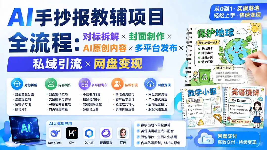 AI手抄报教辅项目全流程:对标拆解×封面制作×AI原创内容×多平台发布×私域引流×网盘变现-海豚优课资源库