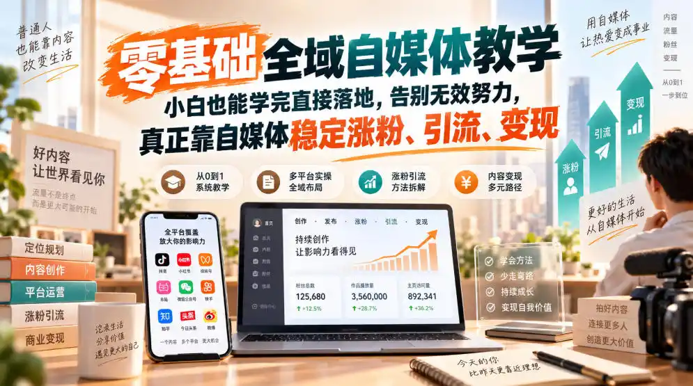 零基础全域自媒体教学,小白也能学完直接落地,告别无效努力,真正靠自媒体稳定涨粉、引流、变现-海豚优课资源库