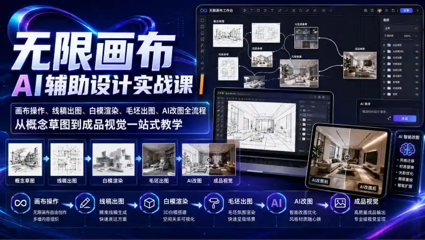 无限画布AI辅助设计实战课|画布操作、线稿出图、白模渲染、毛坯出图、AI改图全流程,从概念草图到成品视觉一站式教学-海豚优课资源库