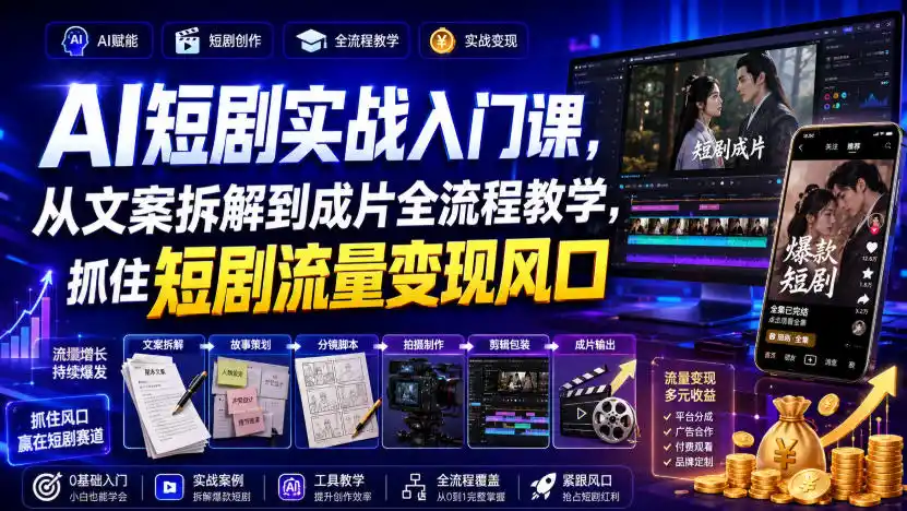 AI短剧实战入门课,从文案拆解到成片全流程教学,抓住短剧流量变现风口-海豚优课资源库