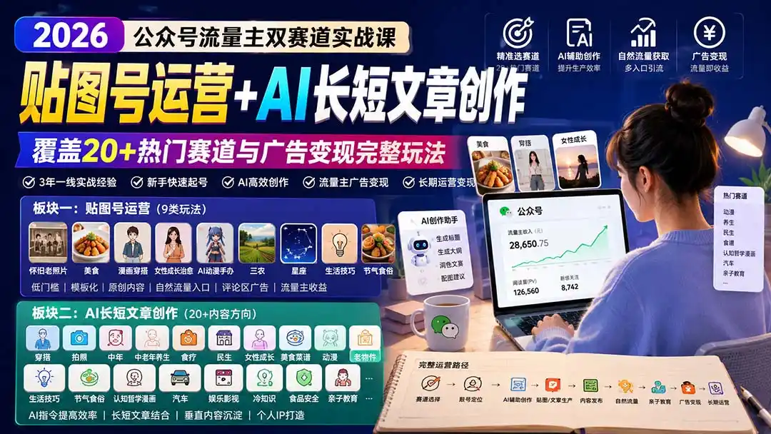 公众号流量主双赛道实战课:贴图号运营+AI长短文章创作,覆盖20+热门赛道与广告变现完整玩法-海豚优课资源库