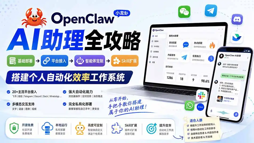 OpenClaw小龙虾 AI助理全攻略:基础部署→平台接入→智能体定制→Skill扩展,搭建个人自动化效率工作系统-海豚优课资源库