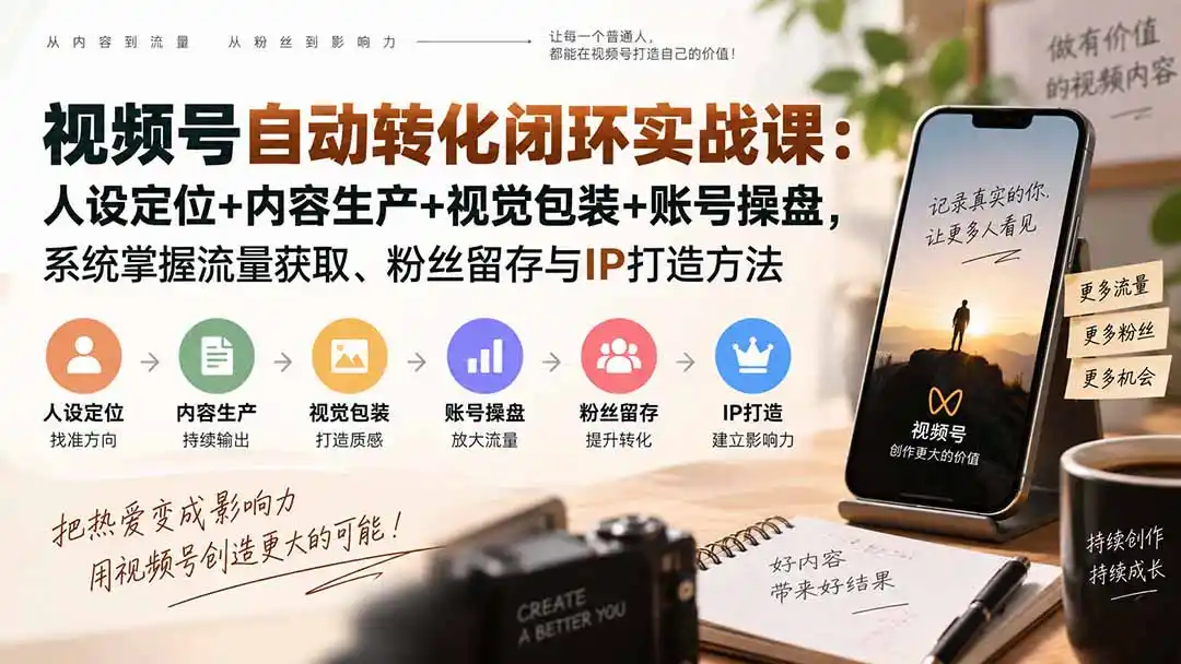 视频号自动转化闭环实战课:人设定位+内容生产+视觉包装+账号操盘,系统掌握流量获取、粉丝留存与IP打造方法-海豚优课资源库