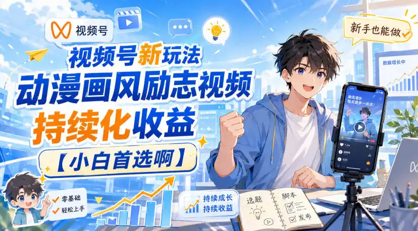 视频号新玩法动漫画风励志视频,持续化收益【小白首选啊】-海豚优课资源库