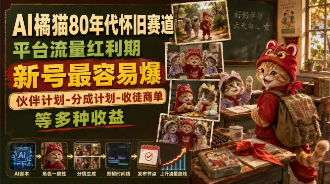 AI橘猫80年代怀旧赛道,平台流量红利期,新号最容易爆,伙伴计划-分成计划-收徒商单等多种收益-海豚优课资源库