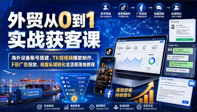 外贸从0到1实战获客课|海外设备账号搭建、TK短视频爆款制作、FB广告投放、询盘私域转化全流程落地教程-海豚优课资源库