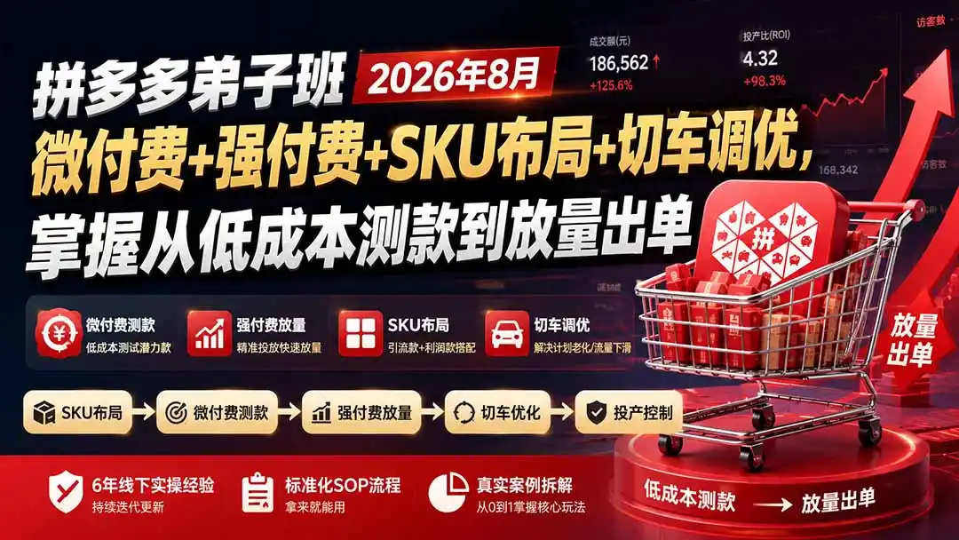 拼多多弟子班2026年8月:微付费+强付费+SKU布局+切车调优,掌握从低成本测款到放量出单-海豚优课资源库