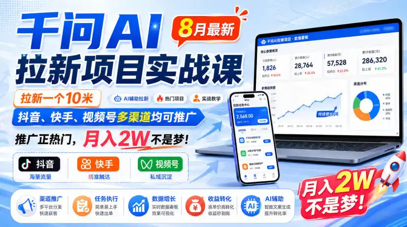 千问AI拉新项目实战课8月最新,拉新一个10米,抖音、快手、视频号多渠道均可推广,推广正热门,月入2W不是梦!(更新0908)-海豚优课资源库