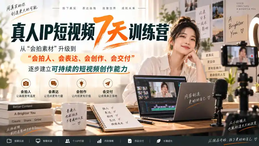真人IP短视频7天训练营,从“会拍素材”升级到“会拍人、会表达、会创作、会交付”,逐步建立可持续的短视频创作能力-海豚优课资源库