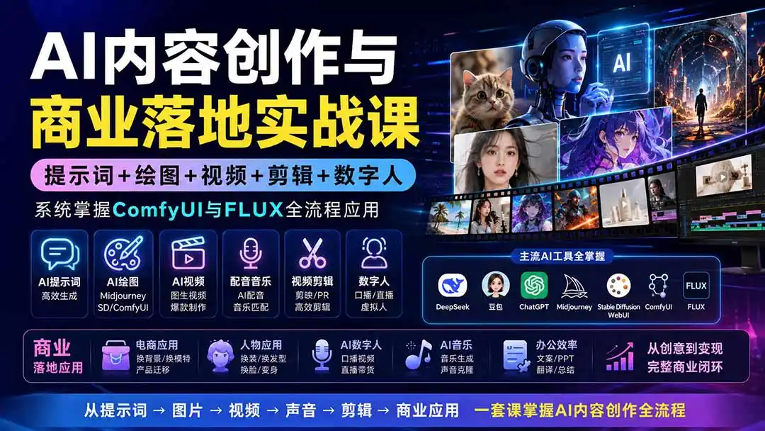 AI内容创作与商业落地实战课:提示词+绘图+视频+剪辑+数字人,系统掌握ComfyUI与FLUX全流程应用-海豚优课资源库