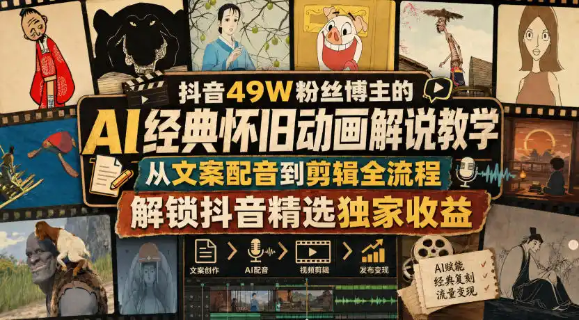 抖音49W粉丝博主的AI经典怀旧动画解说教学，从文案配音到剪辑全流程，解锁抖音精选独家收益-海豚优课资源库