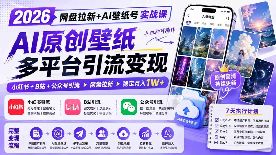 2026网盘拉新+AI壁纸号实战课:AI原创壁纸+小红书+B站+公众号引流,手机即可操作,月入1W+-海豚优课资源库