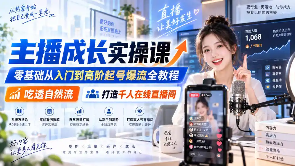 主播成长实操课|零基础从入门到高阶起号爆流全教程,吃透自然流,打造千人在线直播间-海豚优课资源库