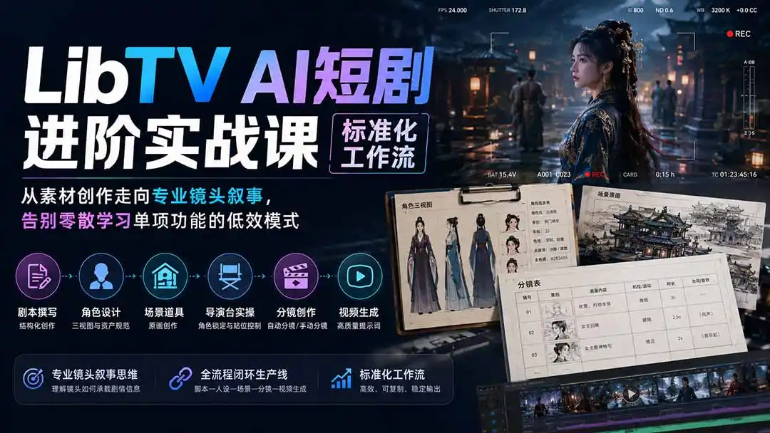 LibTV AI短剧进阶实操课标准化工作流;从素材创作走向专业镜头叙事,告别零散学习单项功能的低效模式-海豚优课资源库