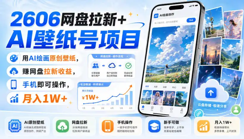 2606网盘拉新+AI壁纸号项目,用AI绘画原创壁纸,賺网盘拉新收益,手机即可操作,月入1W+-海豚优课资源库