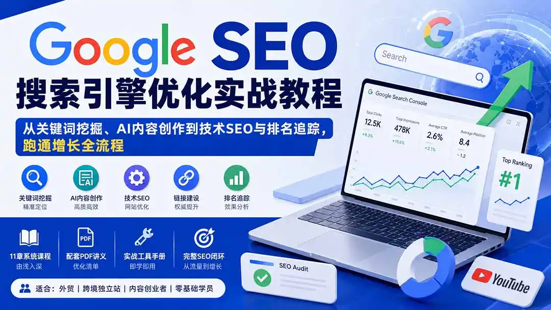 Google SEO搜索引擎优化实战教程:从关键词挖掘、AI内容创作到技术SEO与排名追踪,跑通增长全流程-海豚优课资源库